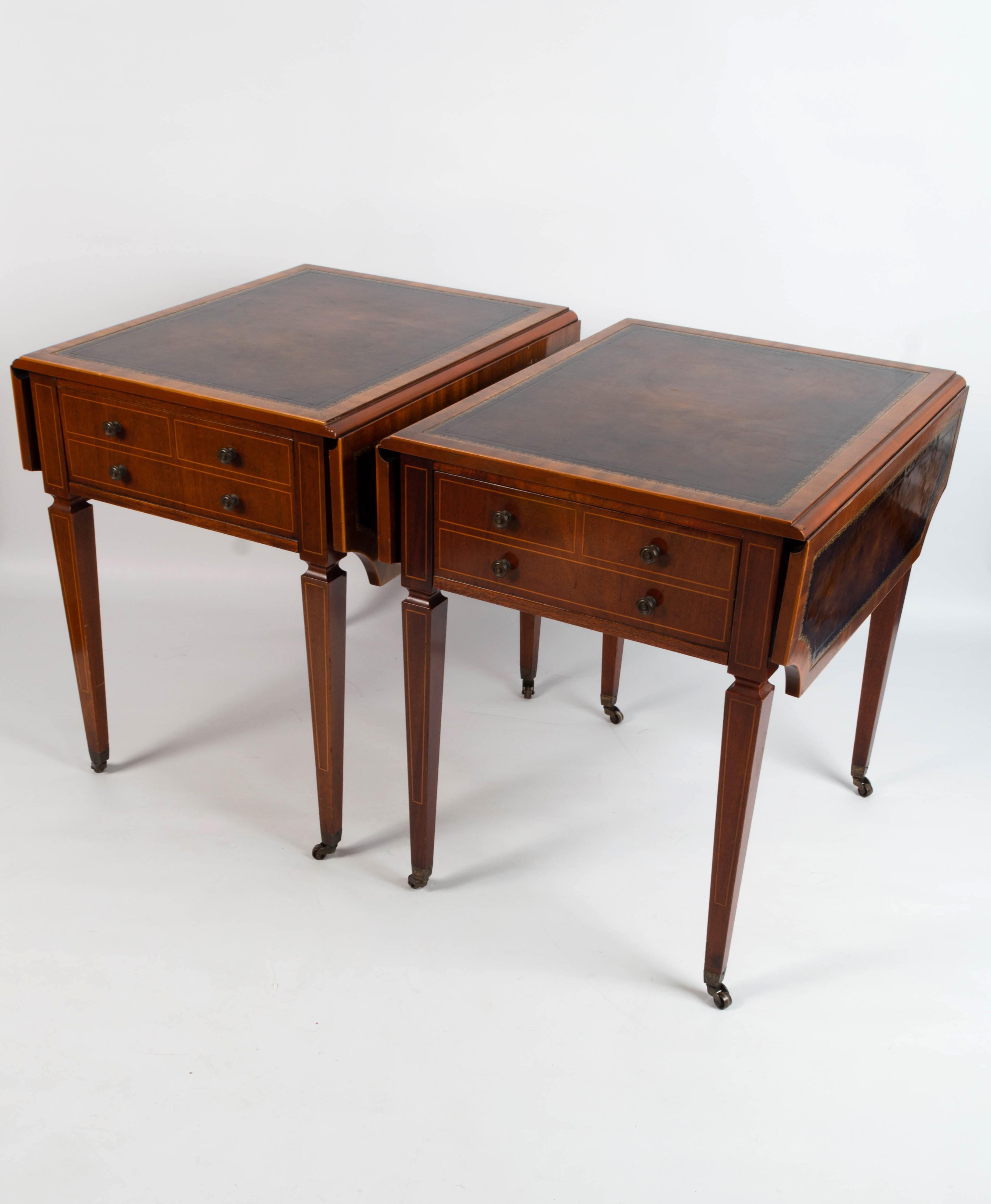A pair of fine quality Georgian 18th century Sheraton Revival drop sofa tables with leather inset tops.
Constructed in Mahogany with Satinwood Inlay. Raised on square tapered legs, terminating on castors. 

In excellent condition commensurate