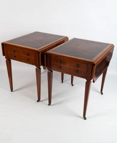 Pair English Georgian 18th Century Revival Leather Inset Drop Leaf Sofa Tables