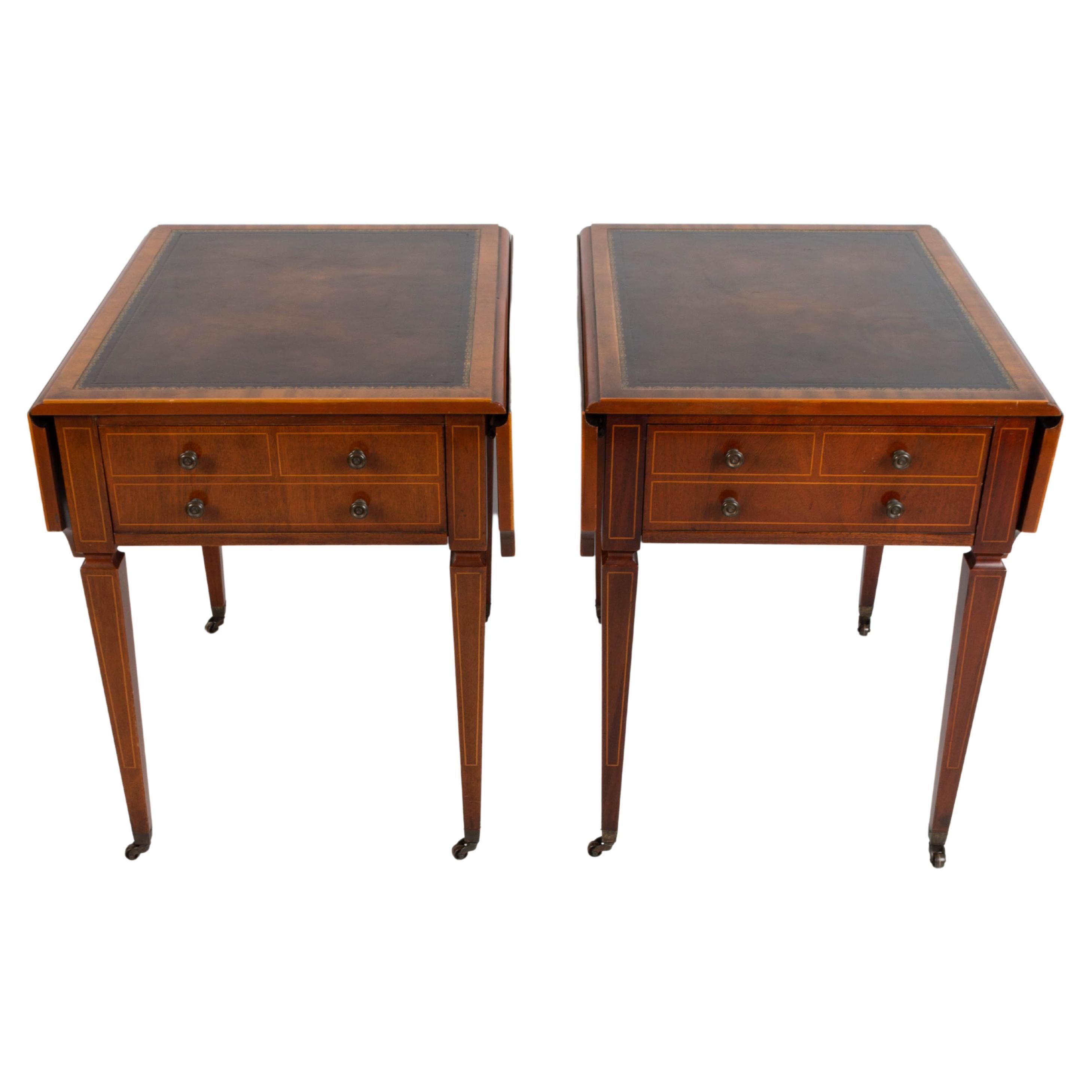 Pair English Georgian 18th Century Revival Leather Inset Drop Leaf Sofa Tables