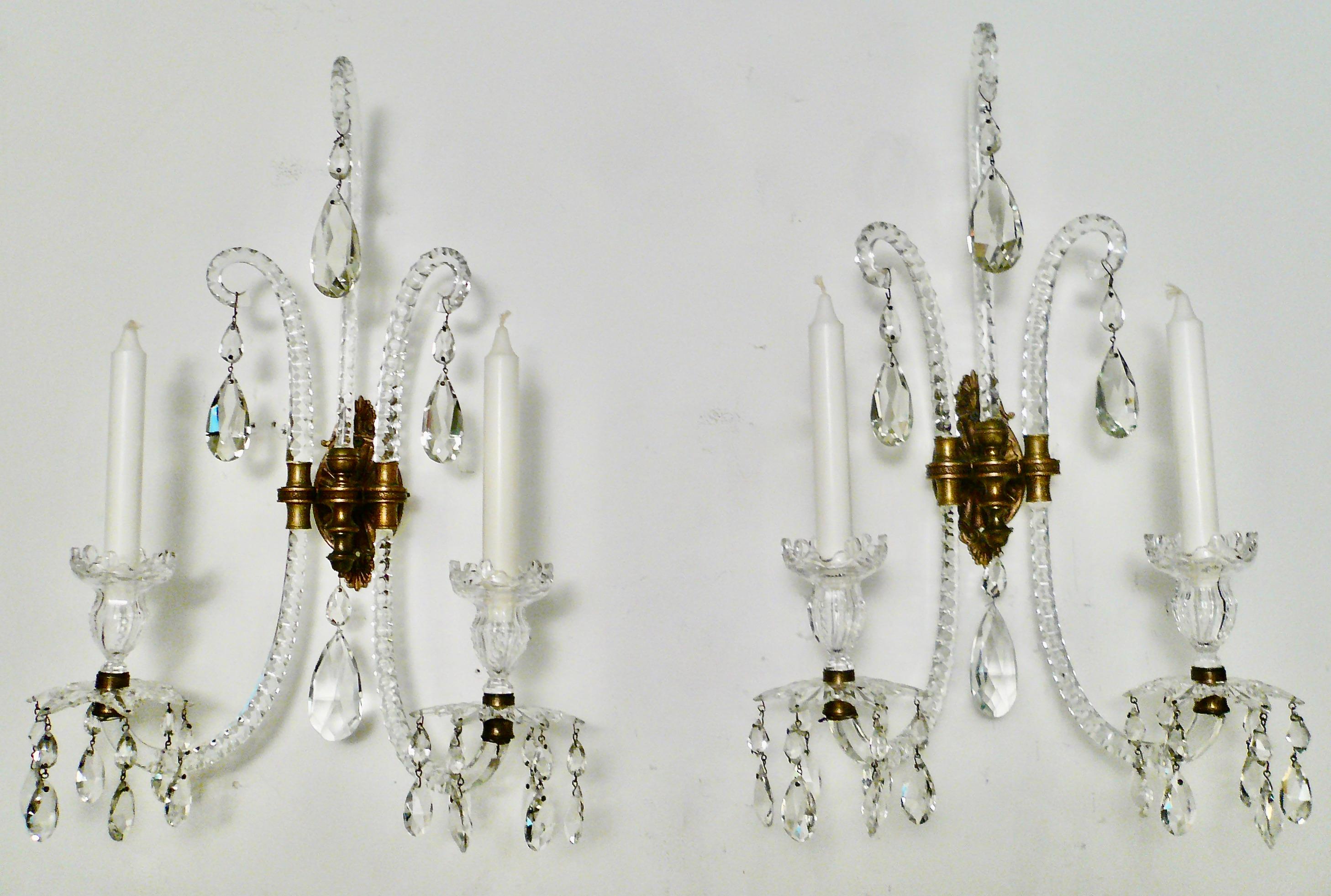 Pair English Georgian Style Cut Crystal Sconces Attributed to Moses Lafount For Sale 4