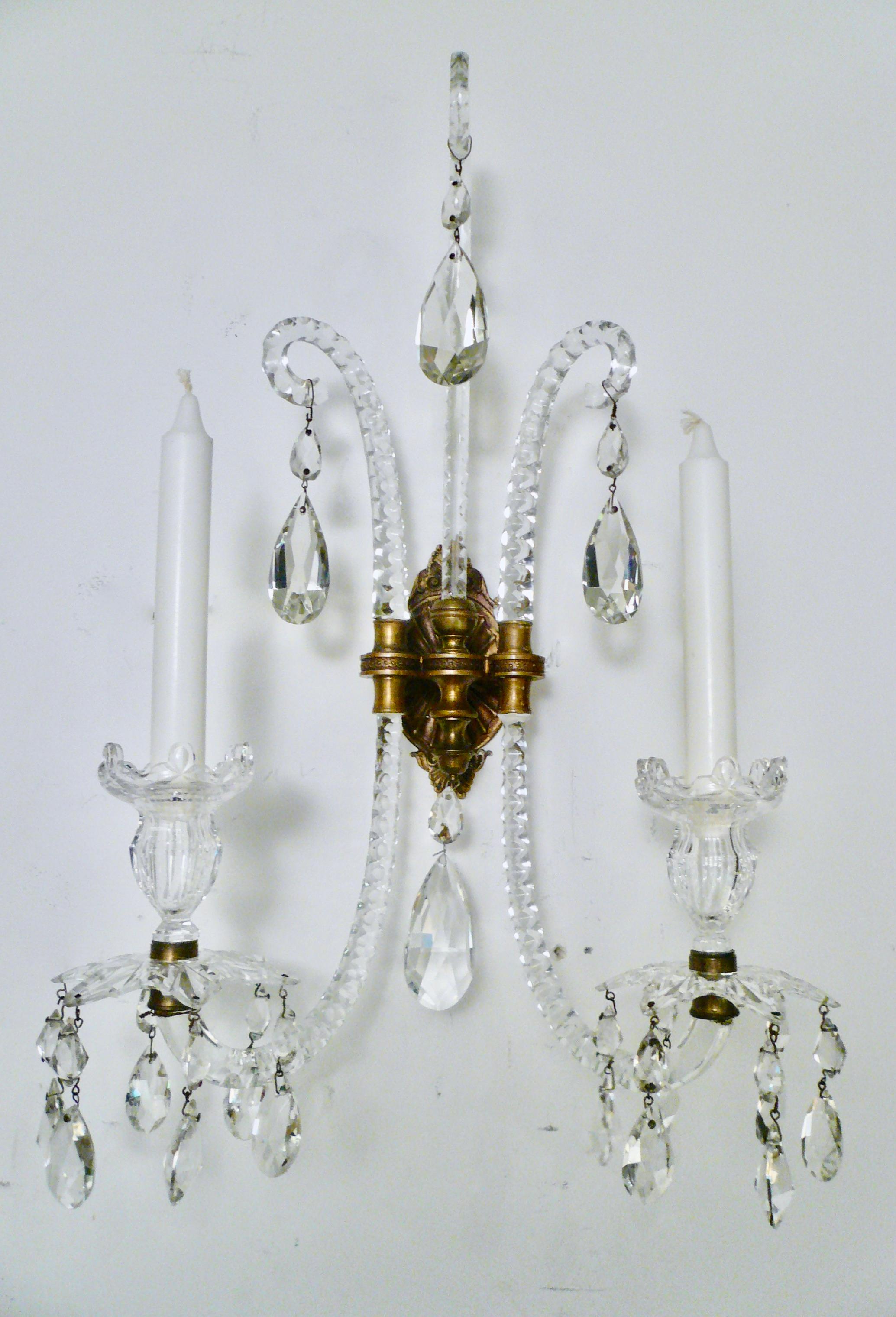 Pair English Georgian Style Cut Crystal Sconces Attributed to Moses Lafount For Sale 5