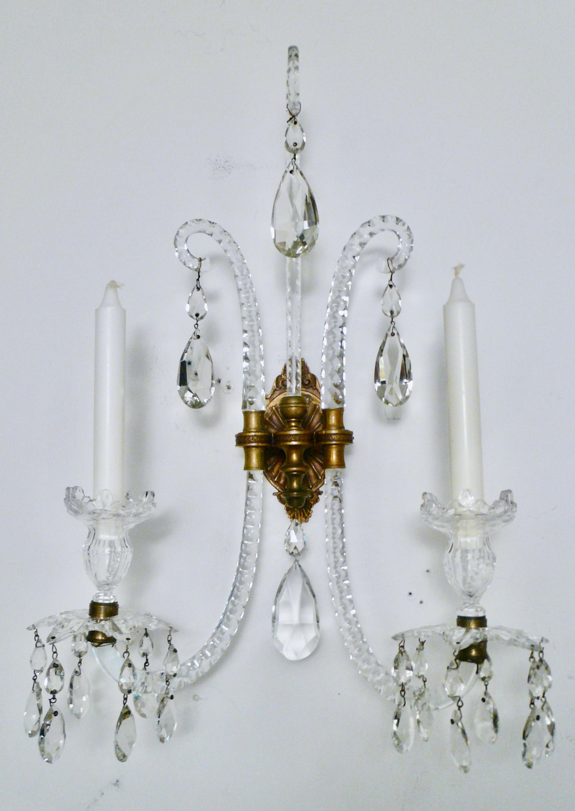 Pair English Georgian Style Cut Crystal Sconces Attributed to Moses Lafount For Sale 6