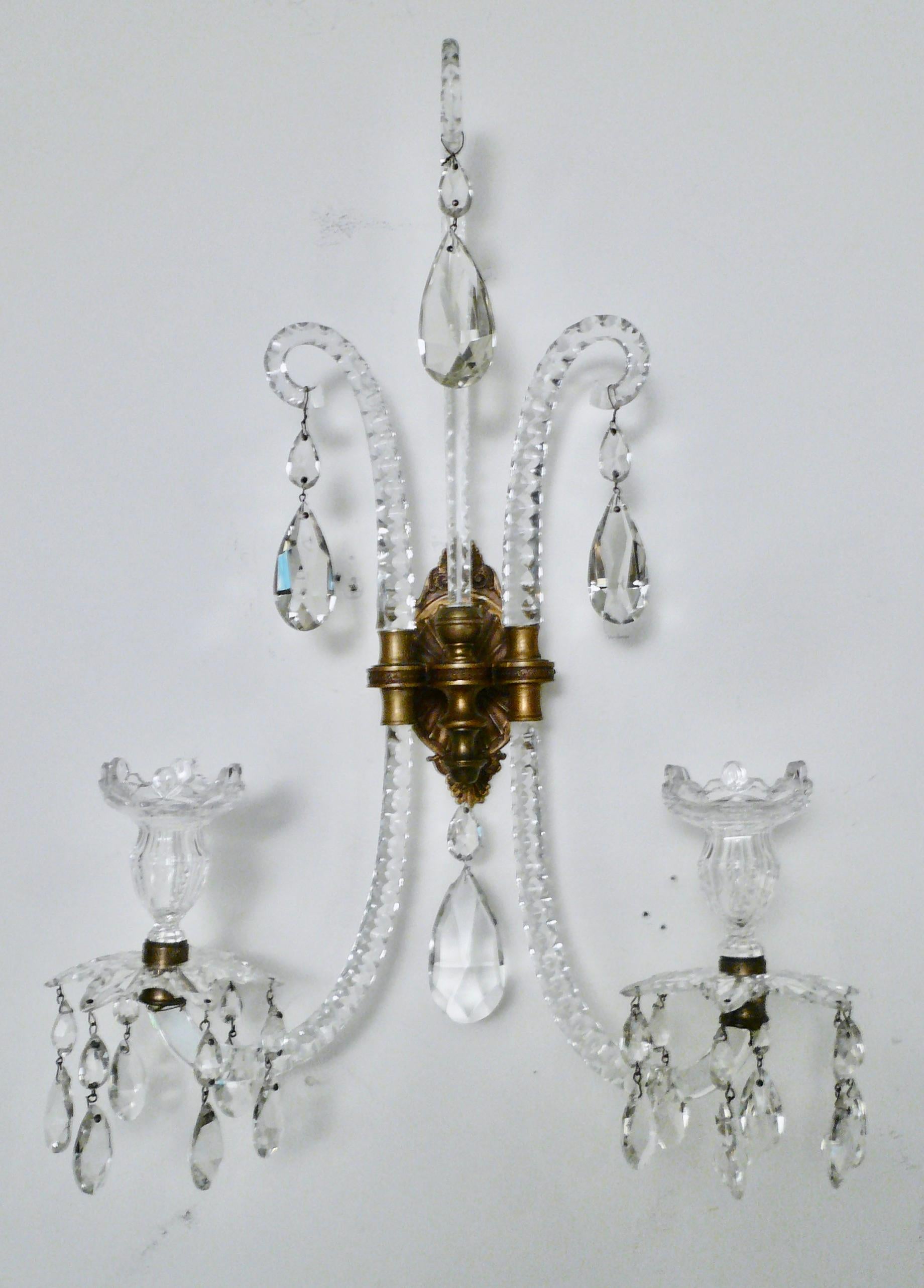 Regency Pair English Georgian Style Cut Crystal Sconces Attributed to Moses Lafount For Sale