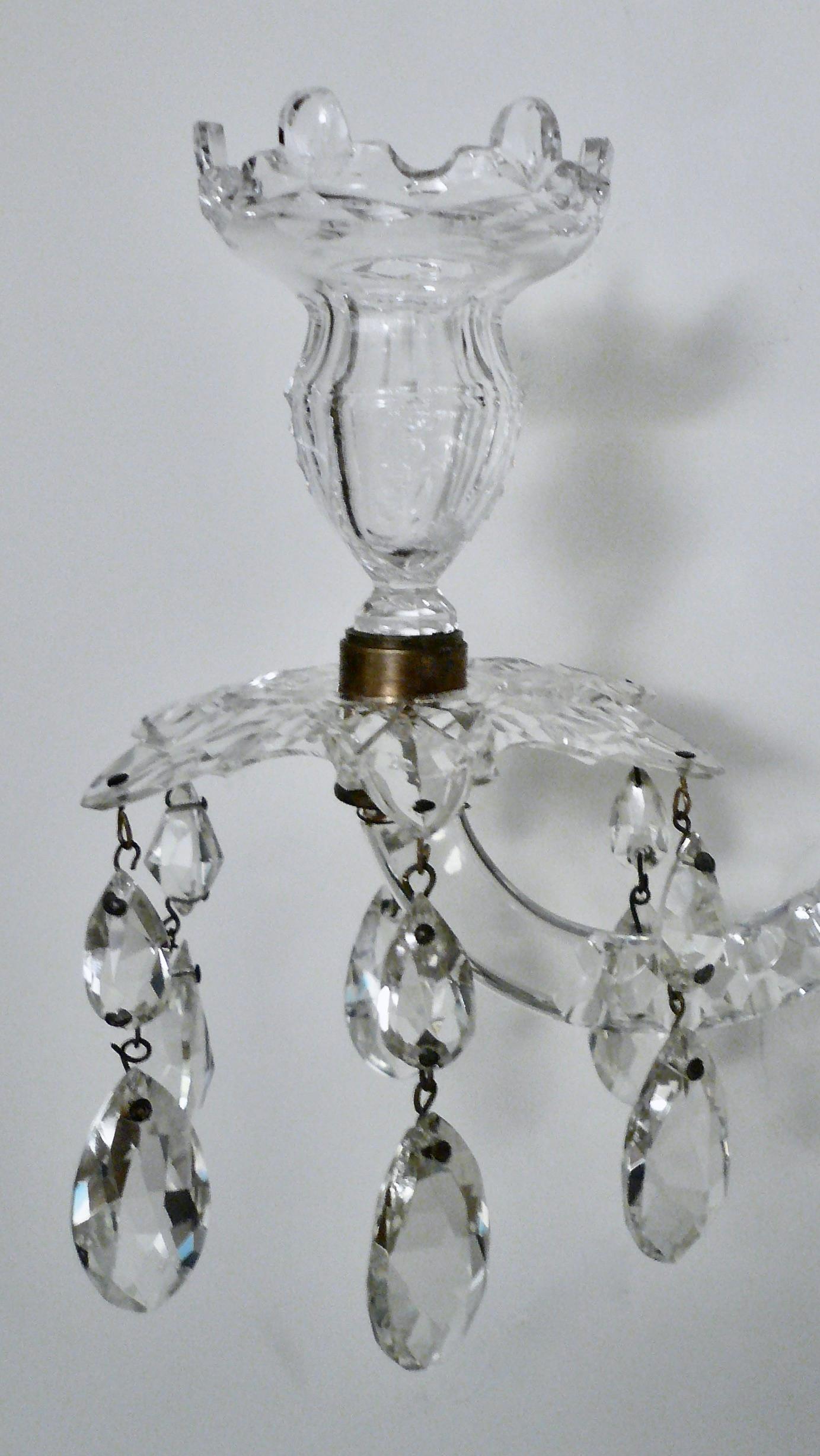 Faceted Pair English Georgian Style Cut Crystal Sconces Attributed to Moses Lafount For Sale