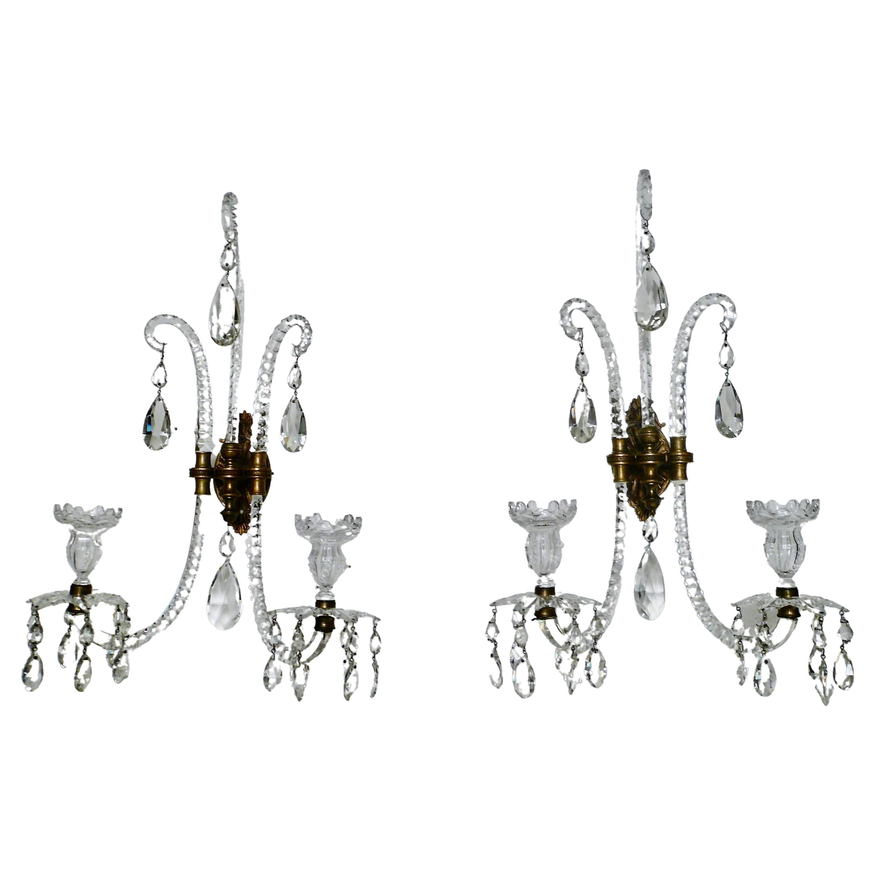 Pair English Georgian Style Cut Crystal Sconces Attributed to Moses Lafount