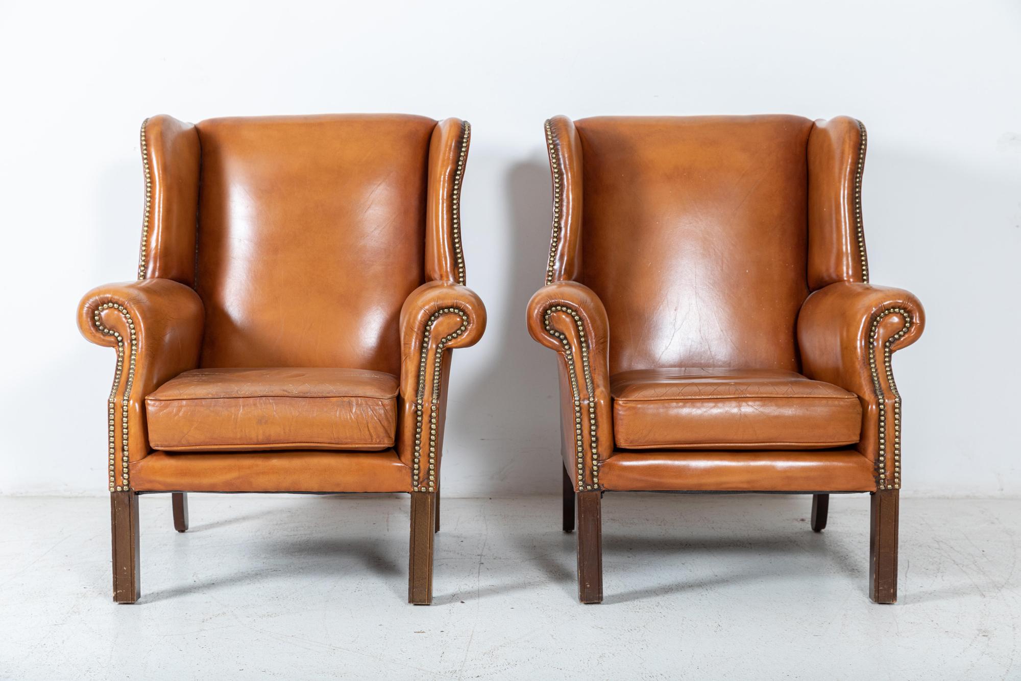 Pair English Georgian Style Tan Leather Wingback Armchairs For Sale 5