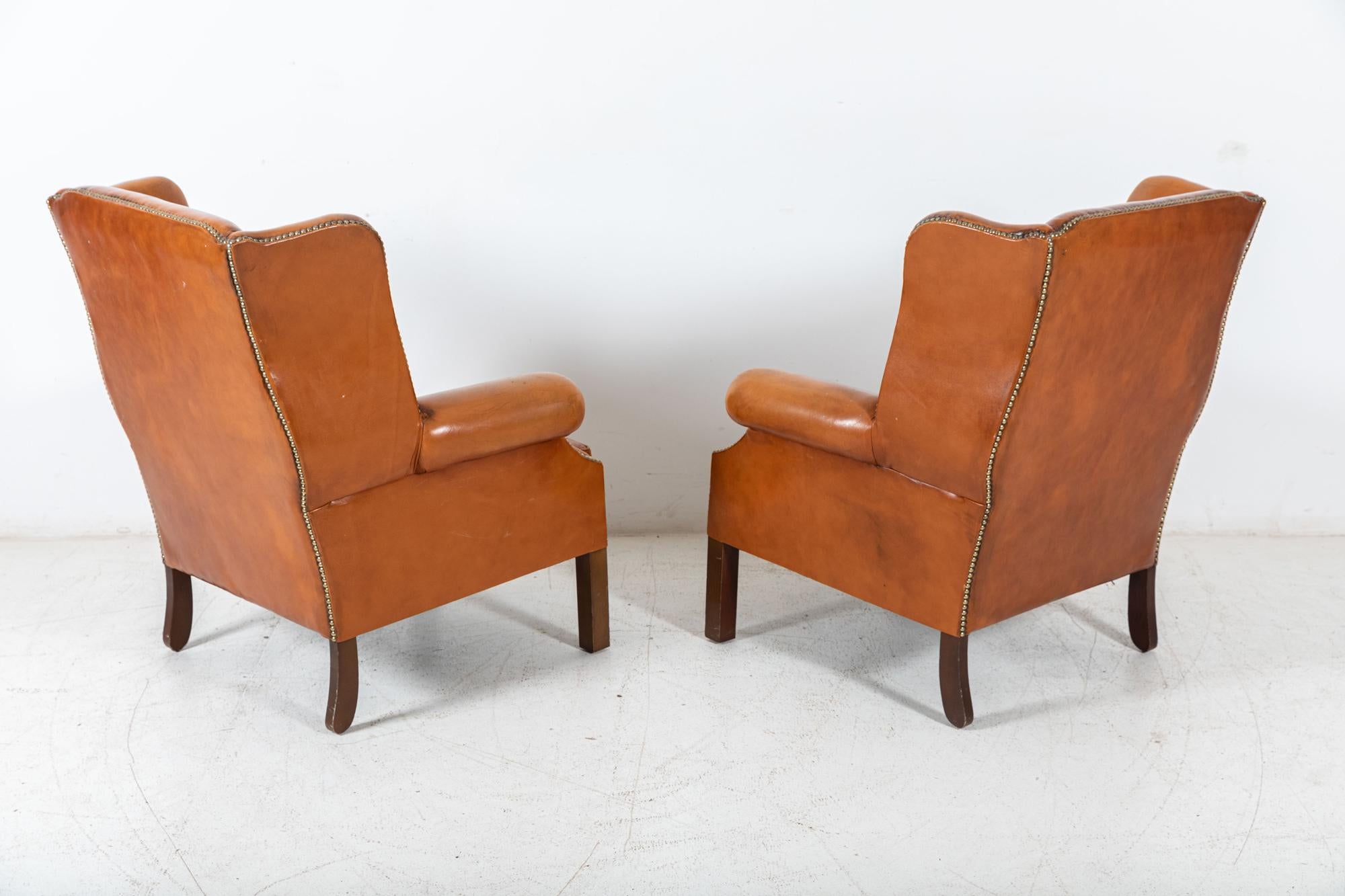 Pair English Georgian Style Tan Leather Wingback Armchairs In Good Condition For Sale In Staffordshire, GB