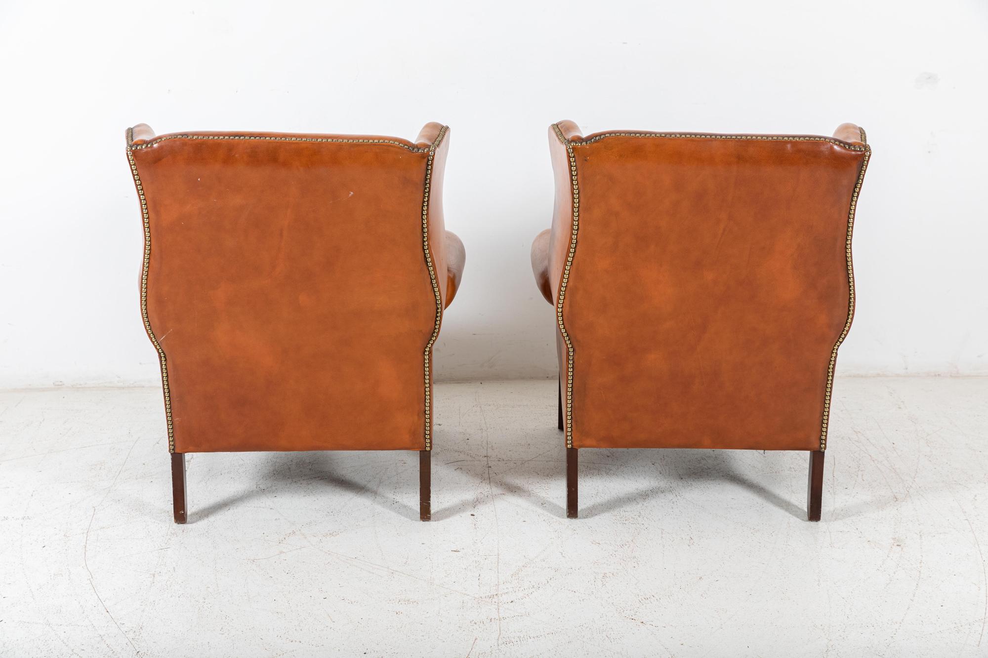 Pair English Georgian Style Tan Leather Wingback Armchairs For Sale 1
