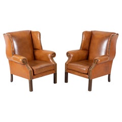 Antique Pair English Georgian Style Tan Leather Wingback Armchairs
