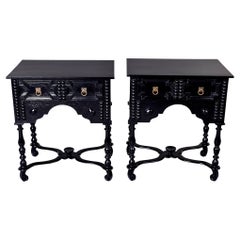 Antique Pair English Gothic Carved Dark Oak Side Tables