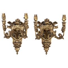 Pair English Gothic Revival Brass Twin Arm Wall Sconces w/ Grotesque Masks c1930