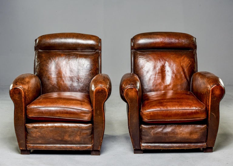 Pair of English High Back Club Chairs with Original Leather at 1stDibs