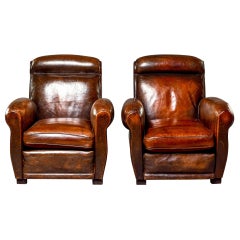 Pair of English High Back Club Chairs with Original Leather