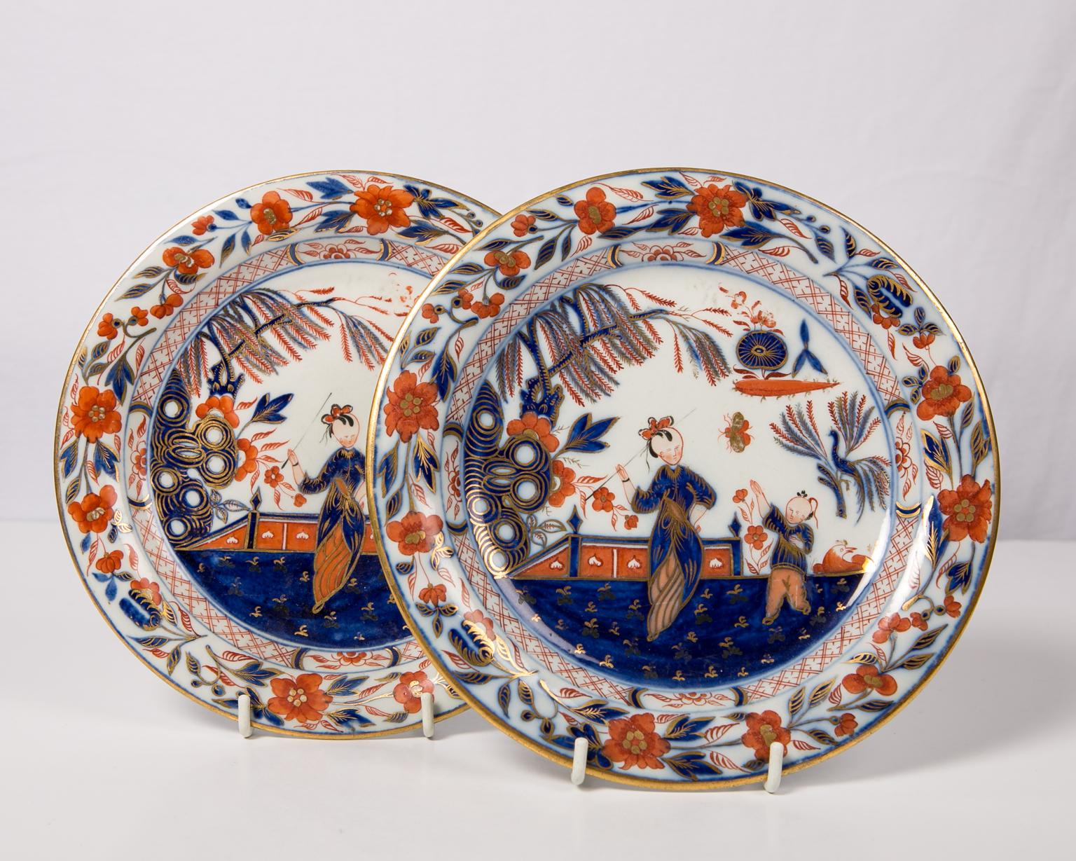 Hand-Painted Pair English Imari Dishes Made by Davenport Circa 1820