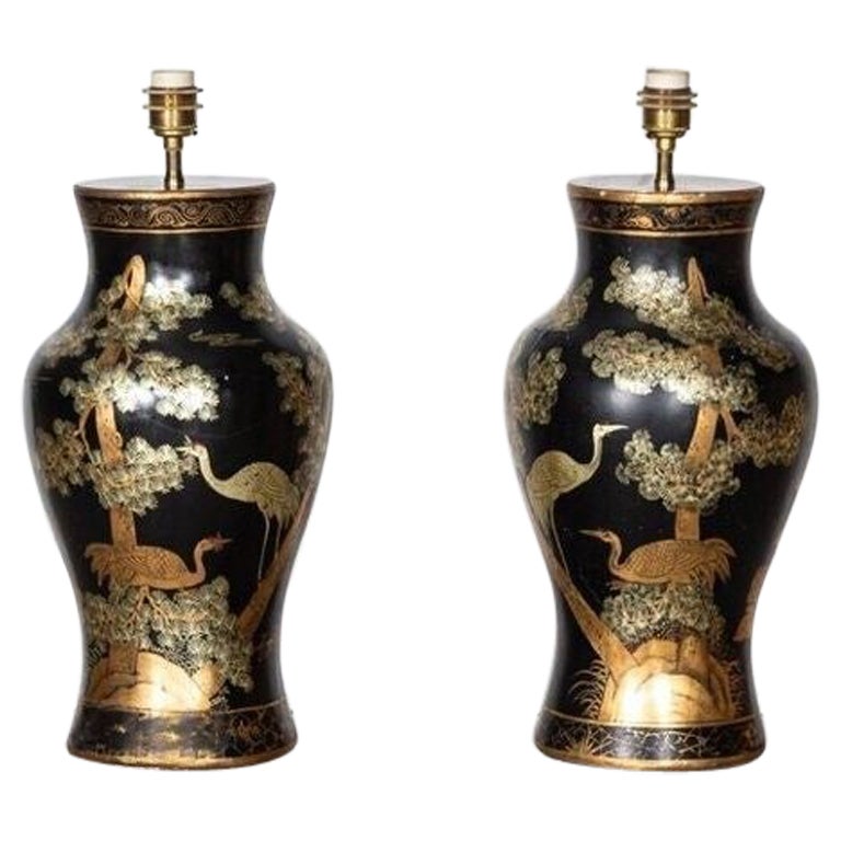 Pair English Large Chinoiserie Papier-Mâché Table Lamps