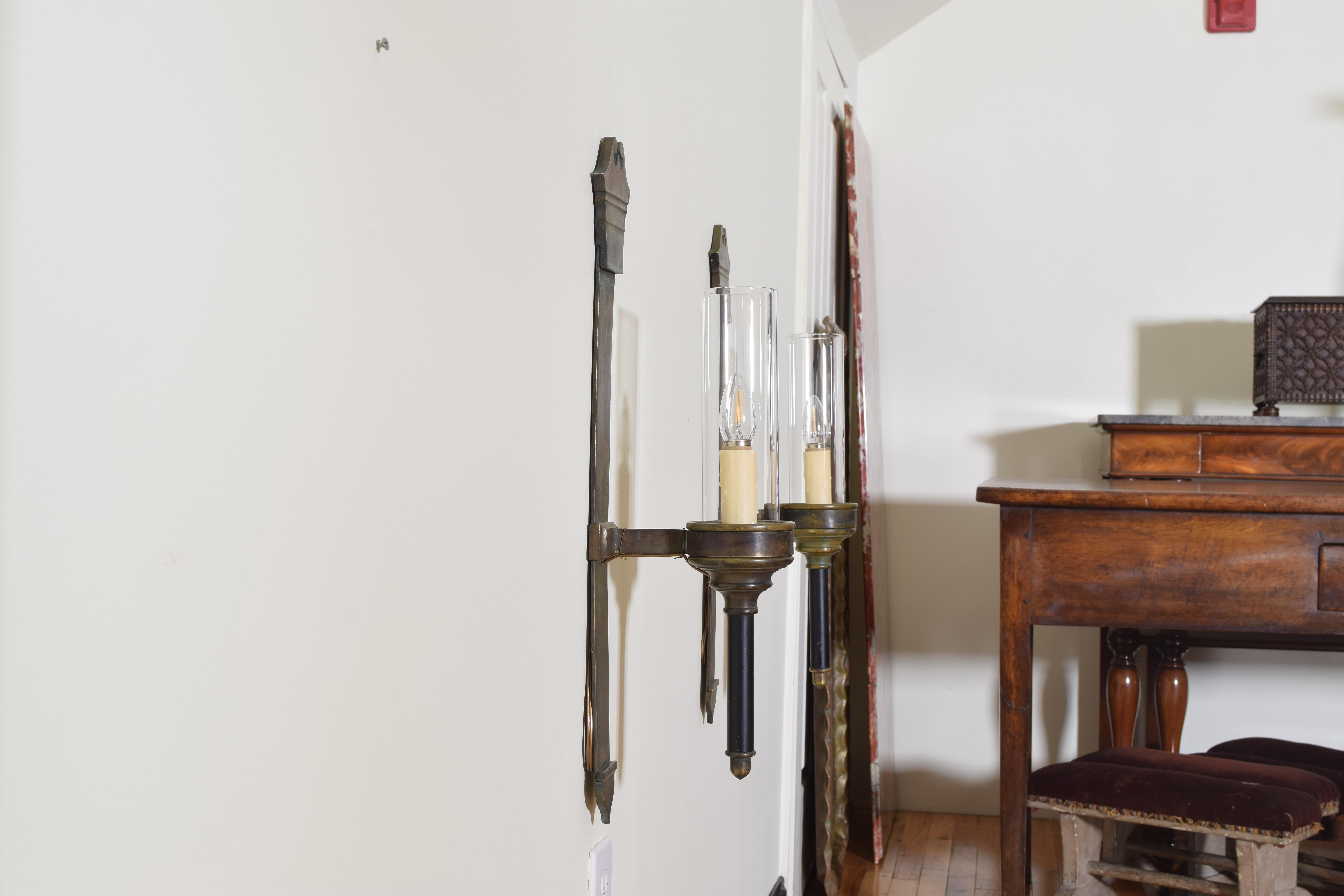 Mid-19th Century Pair of English Late Georgian Brass Wall Sconces with Glass Shades, UL Wired