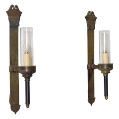 Pair of English Late Georgian Brass Wall Sconces with Glass Shades, UL Wired