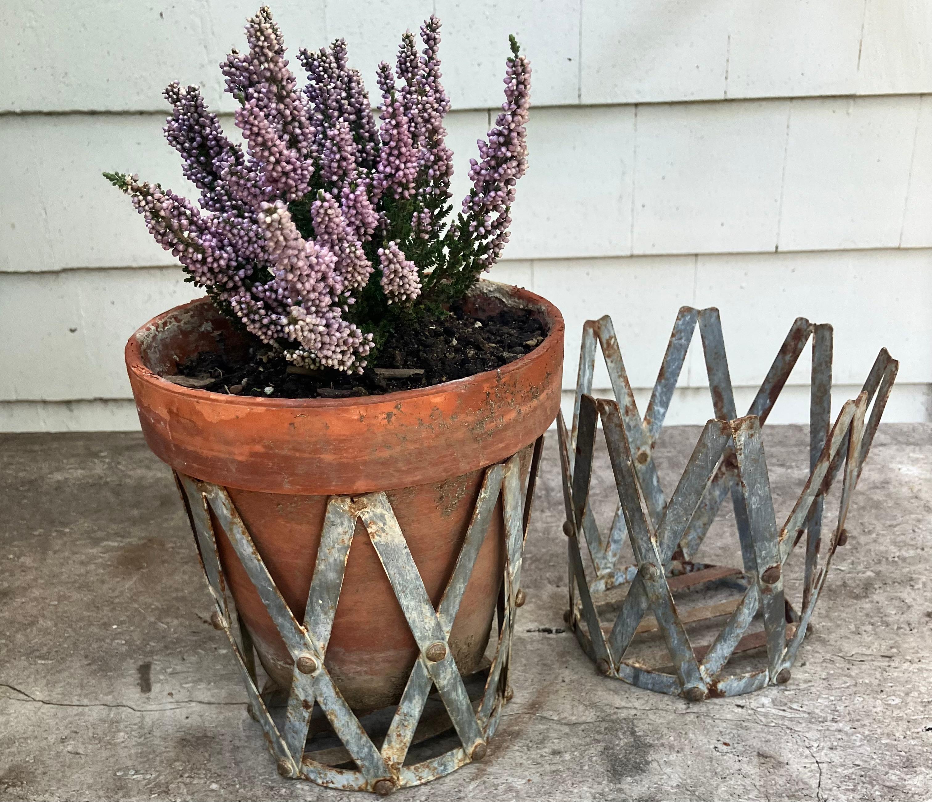 Industrial Pair English Lattice Form Zinc Cachepots For Sale