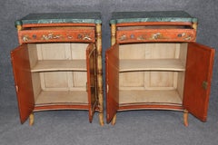 Pair English-Made Faux Bamboo Red Chinoiserie Marble Top Foyer Cabinets Commodes