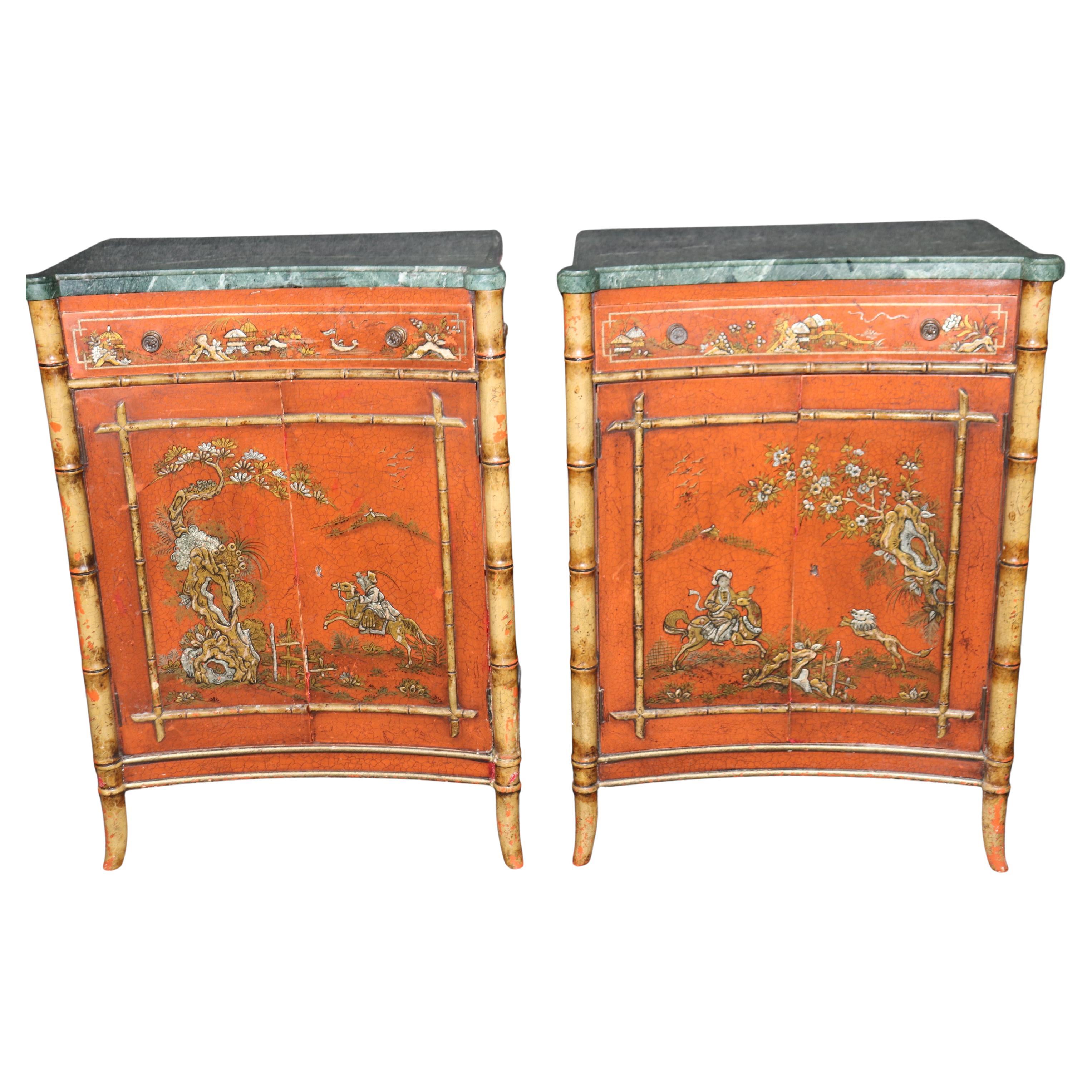 Pair English-Made Faux Bamboo Red Chinoiserie Marble Top Foyer Cabinets Commodes