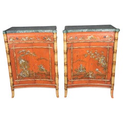 Pair English-Made Faux Bamboo Red Chinoiserie Marble Top Foyer Cabinets Commodes