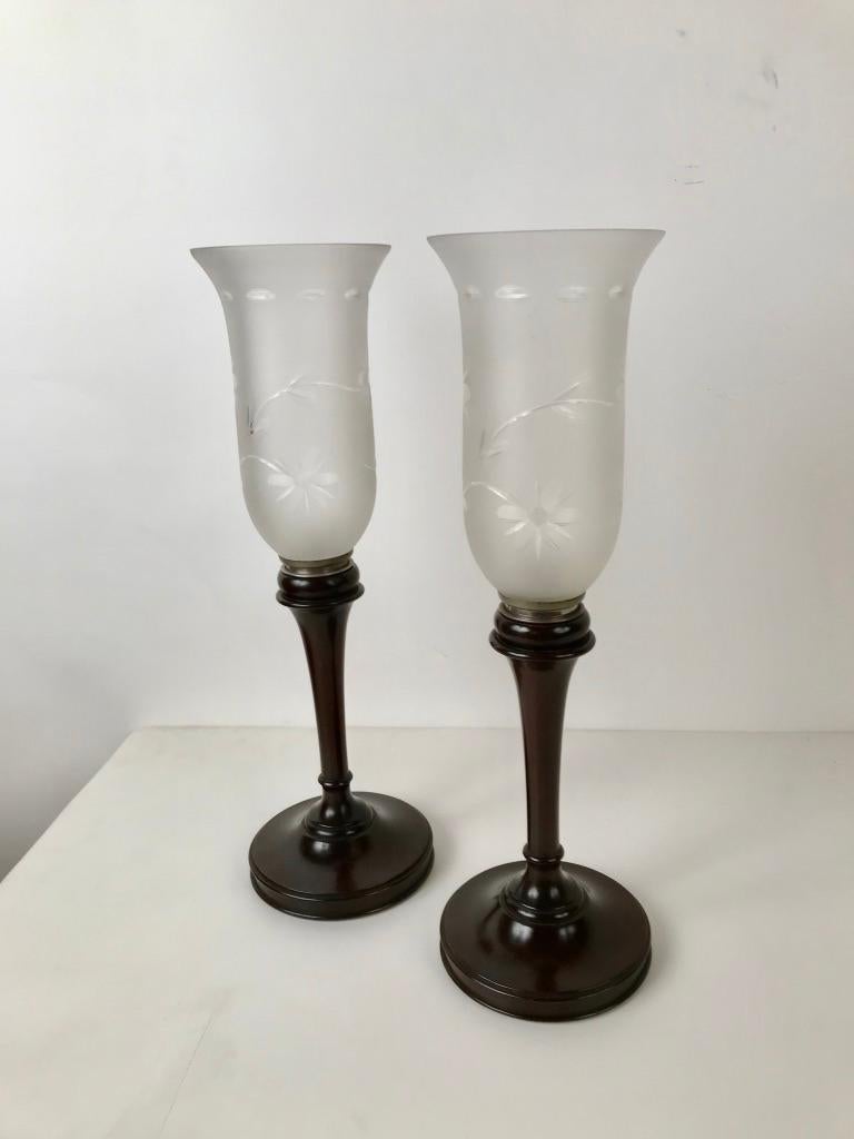 Pair of English Mahogany Photophores with Etched Glass Shades 6