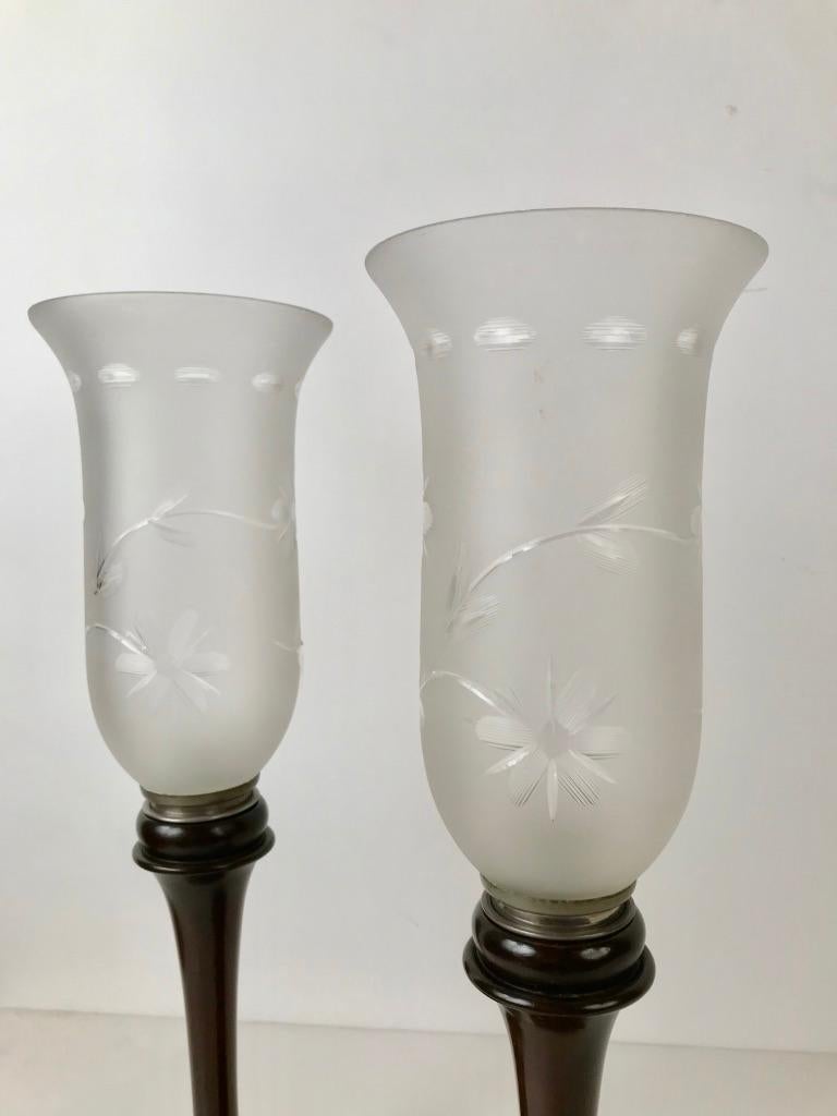 Pair of English Mahogany Photophores with Etched Glass Shades 7