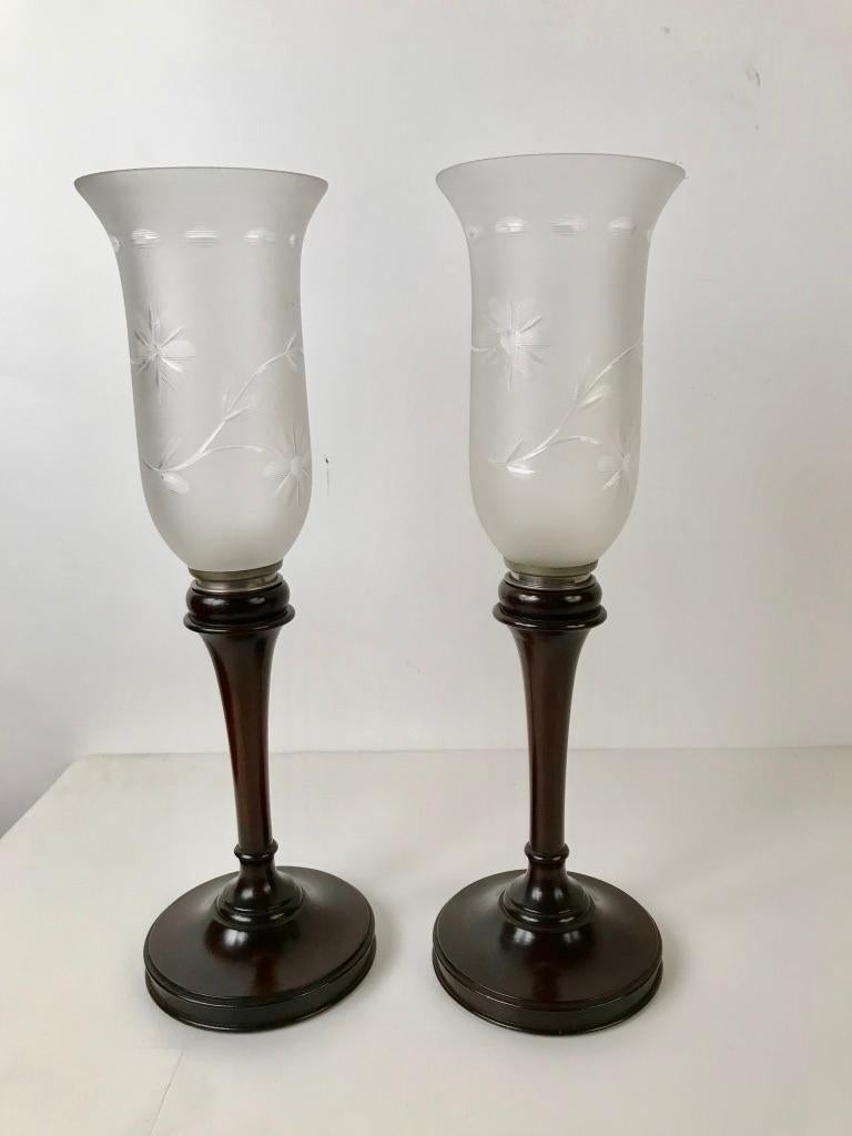 Edwardian Pair of English Mahogany Photophores with Etched Glass Shades
