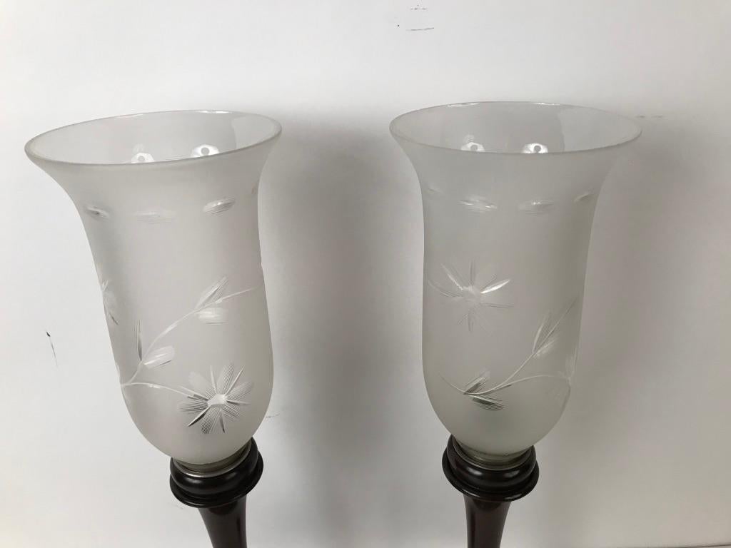 Pair of English Mahogany Photophores with Etched Glass Shades 4