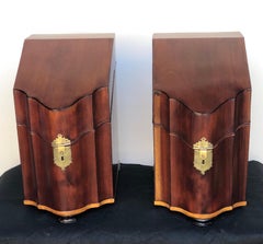 Pair English Mahogany Serpentine Inlaid Cutlery Boxes on Bracket Feet 18th C