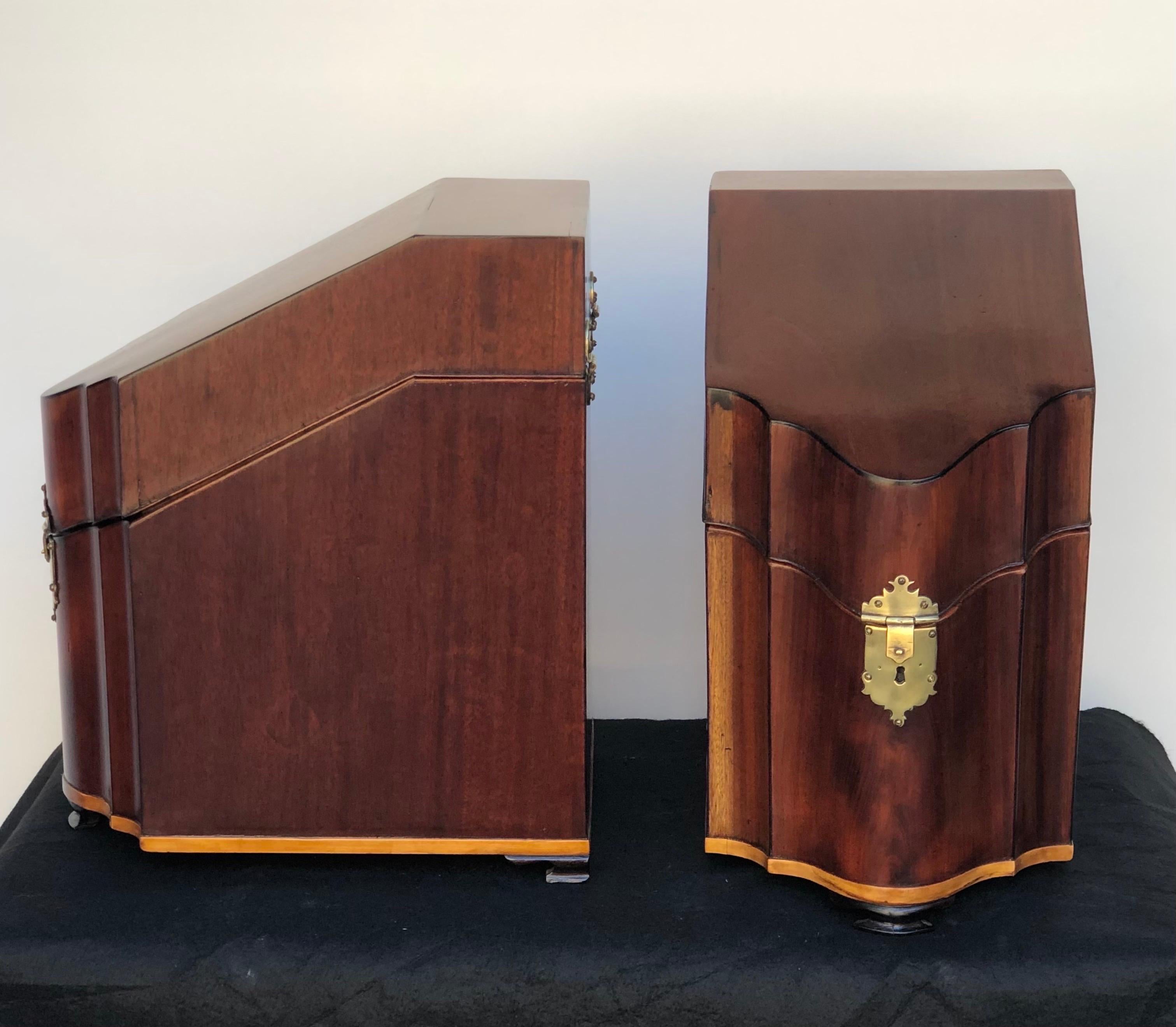 Satinwood Pair English Mahogany Serpentine Inlaid Cutlery Boxes on Bracket Feet 18th C For Sale
