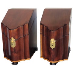 Pair English Mahogany Serpentine Inlaid Cutlery Boxes on Bracket Feet 18th C