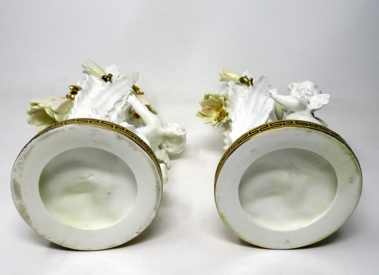 Pair of English Moore Brothers Porcelain Cream Gilt Cherub Vases Centerpieces 1