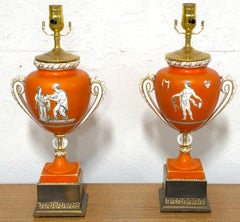 Pair English Neoclassical Orange Ground Ashworth Ironstone Urns, as Lamps