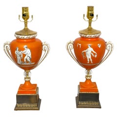 Pair English Neoclassical Orange Ground Ashworth Ironstone Urns, as Lamps