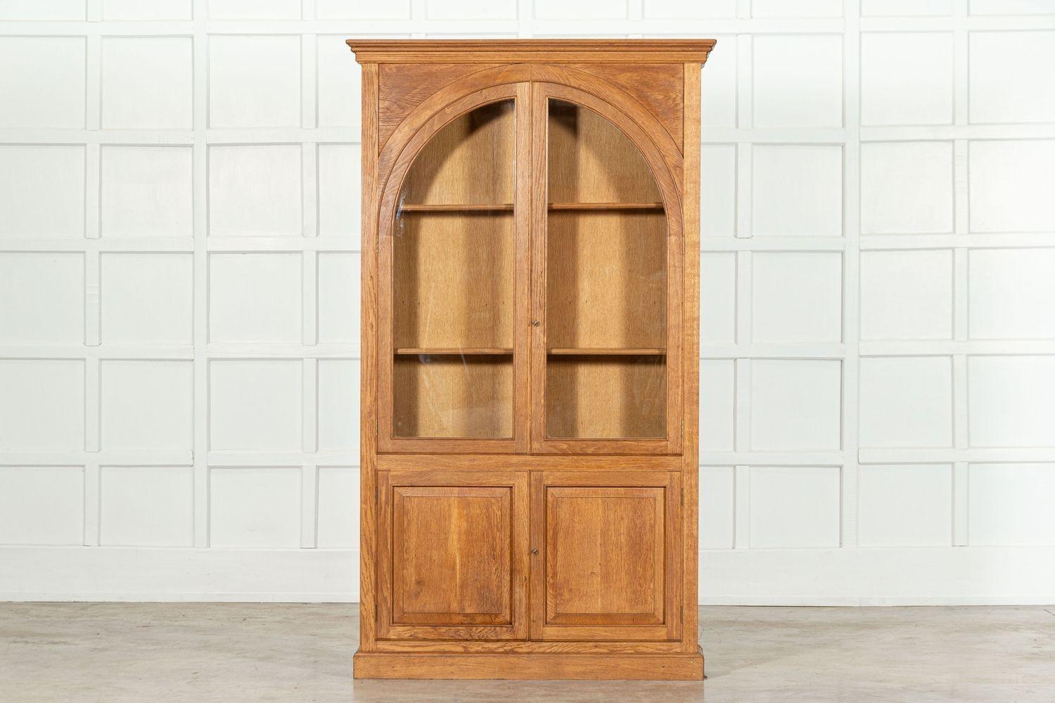 Pair English Oak Arched Glazed Bookcase Cabinets For Sale 8