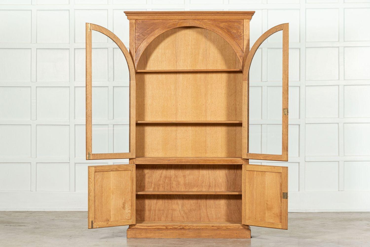 20th Century Pair English Oak Arched Glazed Bookcase Cabinets For Sale