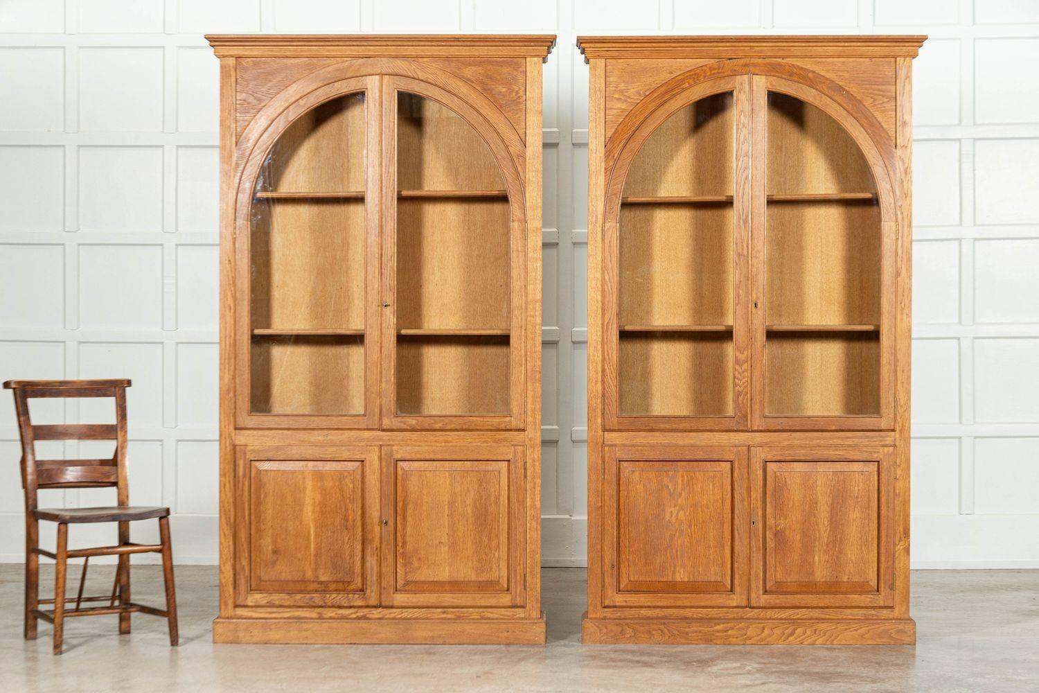 Mahogany Pair English Oak Arched Glazed Bookcase Cabinets For Sale