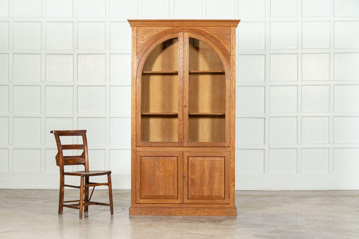 Pair English Oak Arched Glazed Bookcase Cabinets For Sale 1