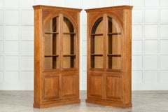 Pair English Oak Arched Glazed Bookcase Cabinets