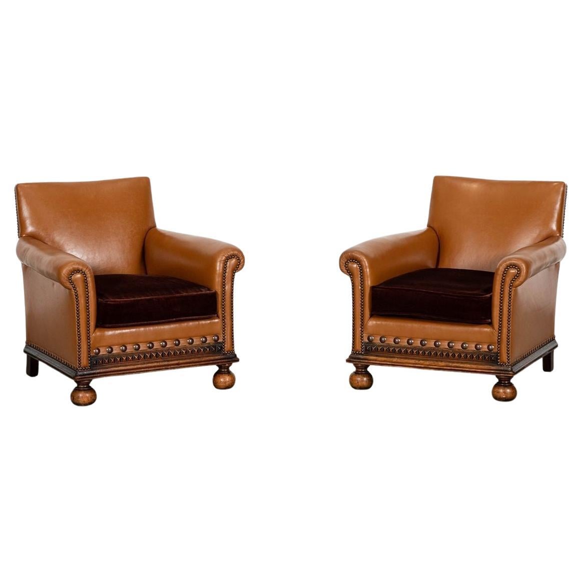 Pair English Oak Club Armchairs