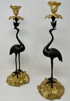 Pair English Ormolu Gilt Bronze Candlesticks Storks Cranes Attributed to Abbott