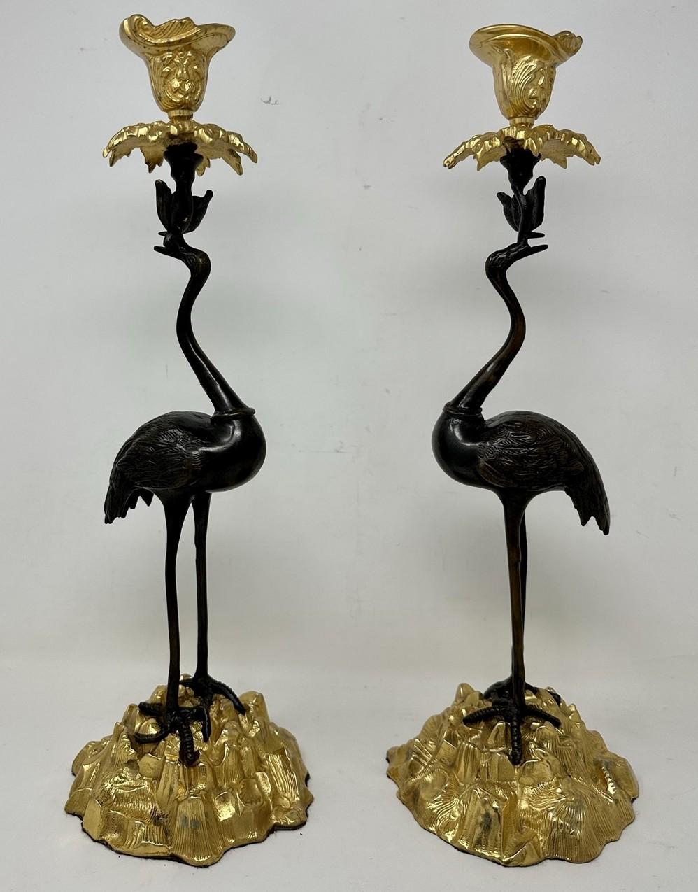 Early Victorian Pair English Ormolu Gilt Bronze Candlesticks Storks Cranes Attributed to Abbott