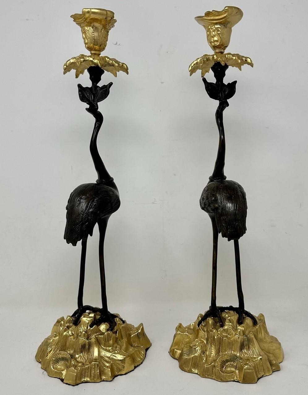 Pair English Ormolu Gilt Bronze Candlesticks Storks Cranes Attributed to Abbott In Good Condition In Dublin, Ireland