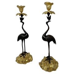 Pair English Ormolu Gilt Bronze Candlesticks Storks Cranes Attributed to Abbott
