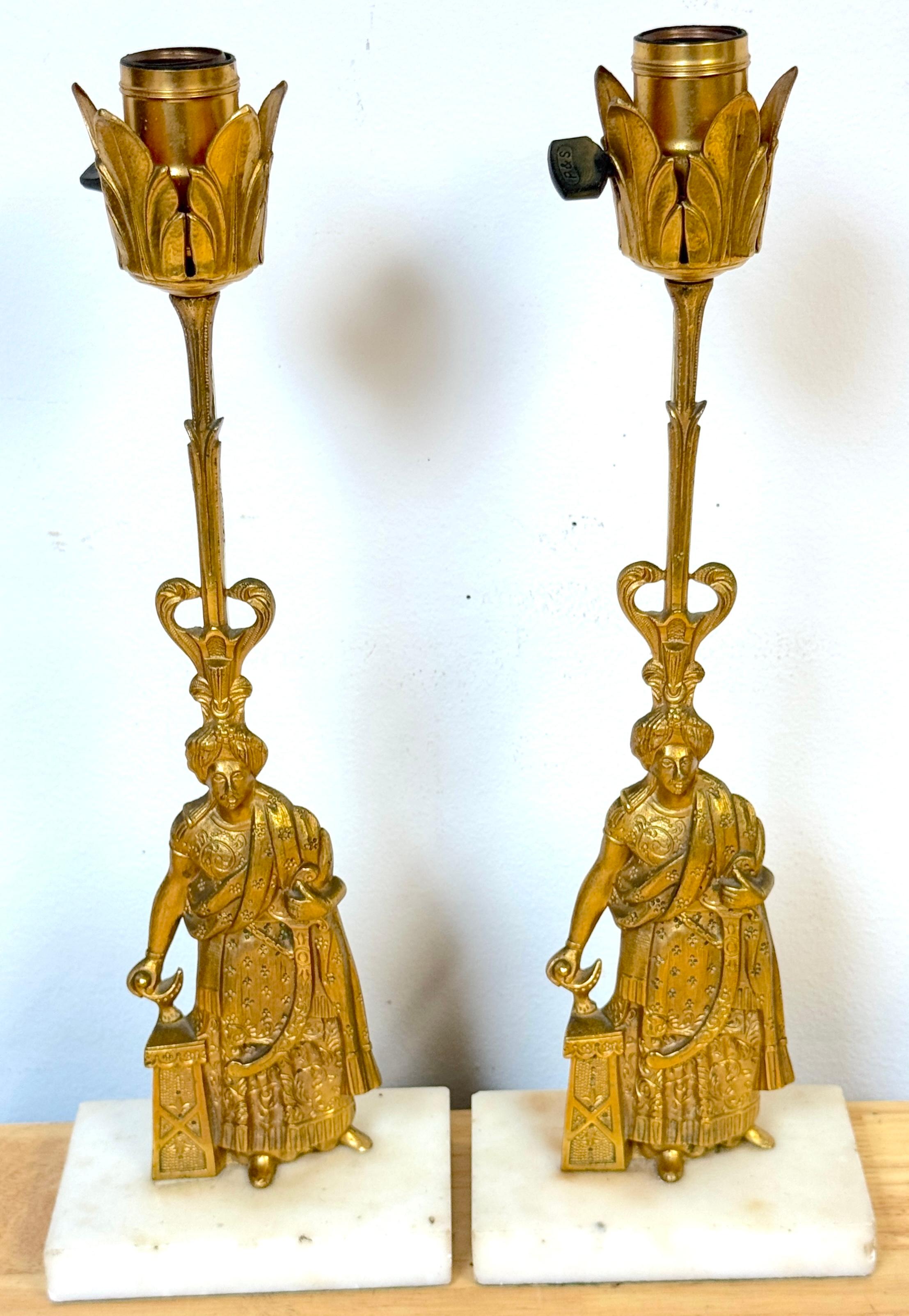 Pair of English Ormolu Lamps Depicting Tipu Sultan in Anglo-Indian Orientalist Style, Circa 1860s

A dramatic and finely cast pair of mid-19th century English ormolu figural lamps, depicting an idealized version of Tipu Sultan, the storied