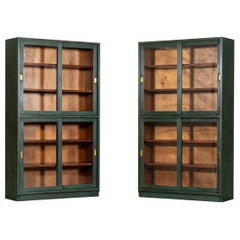 Pair English Painted Mahogany Glazed Bookcase Display Cabinets