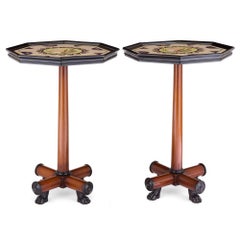 Pair English Pietra Dura Brown Wood Marine Sea Shells Side Tables