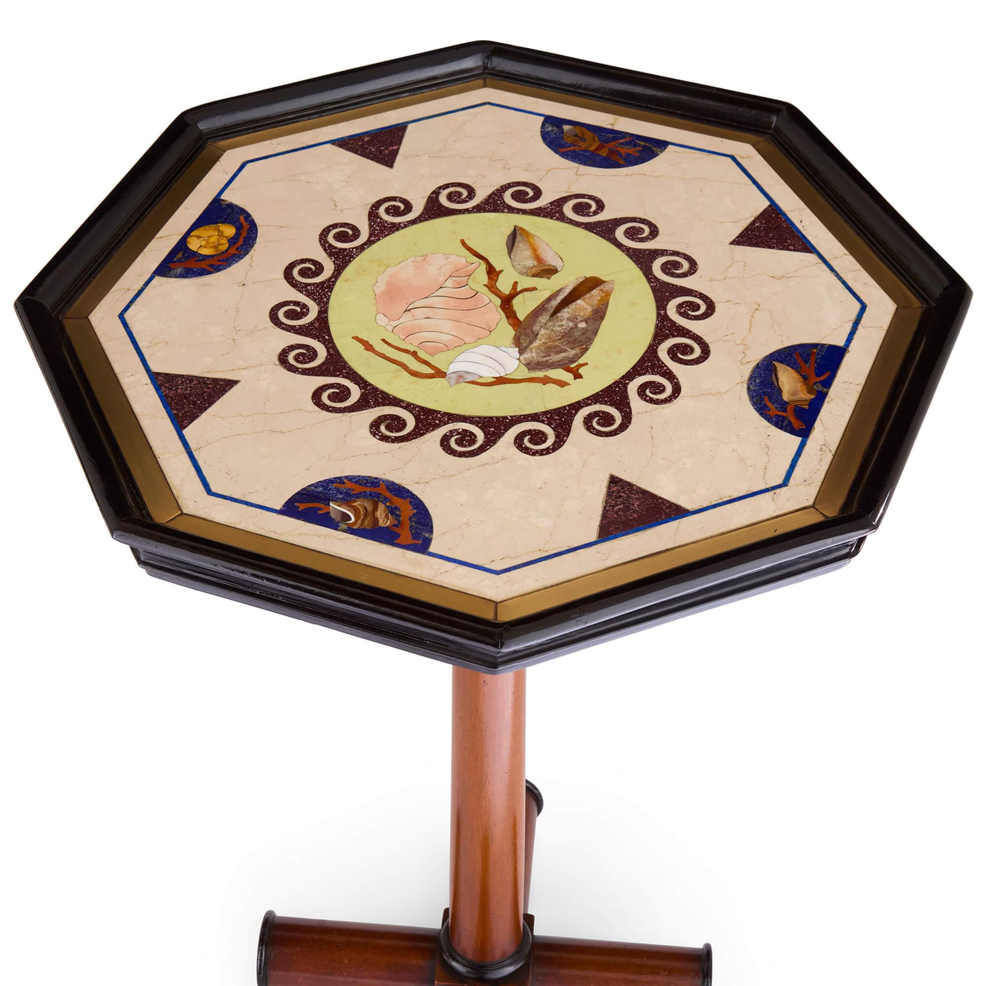 Regency Pair English Pietra Dura Brown Wood Marine Sea Shells Side Tables en vente