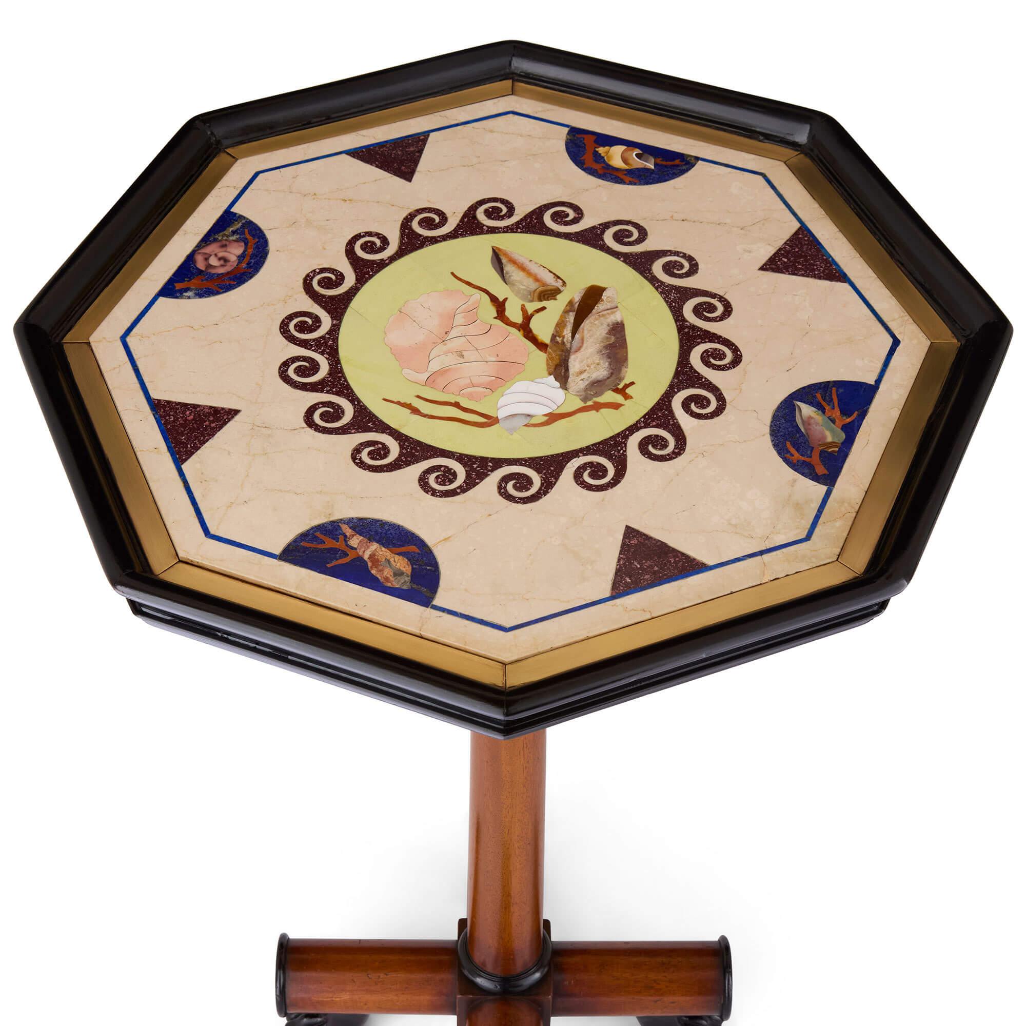 Anglais Pair English Pietra Dura Brown Wood Marine Sea Shells Side Tables en vente